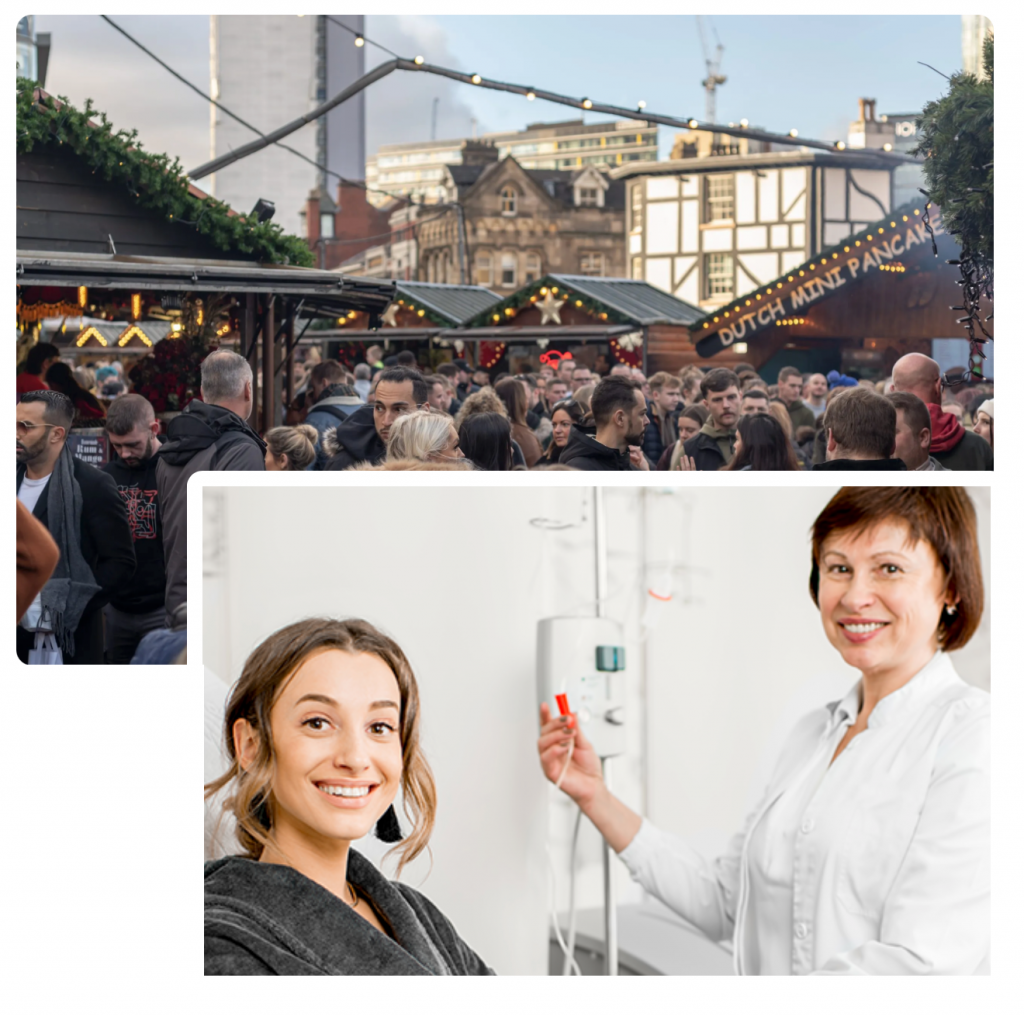 Crowded market and smiling healthcare professional.