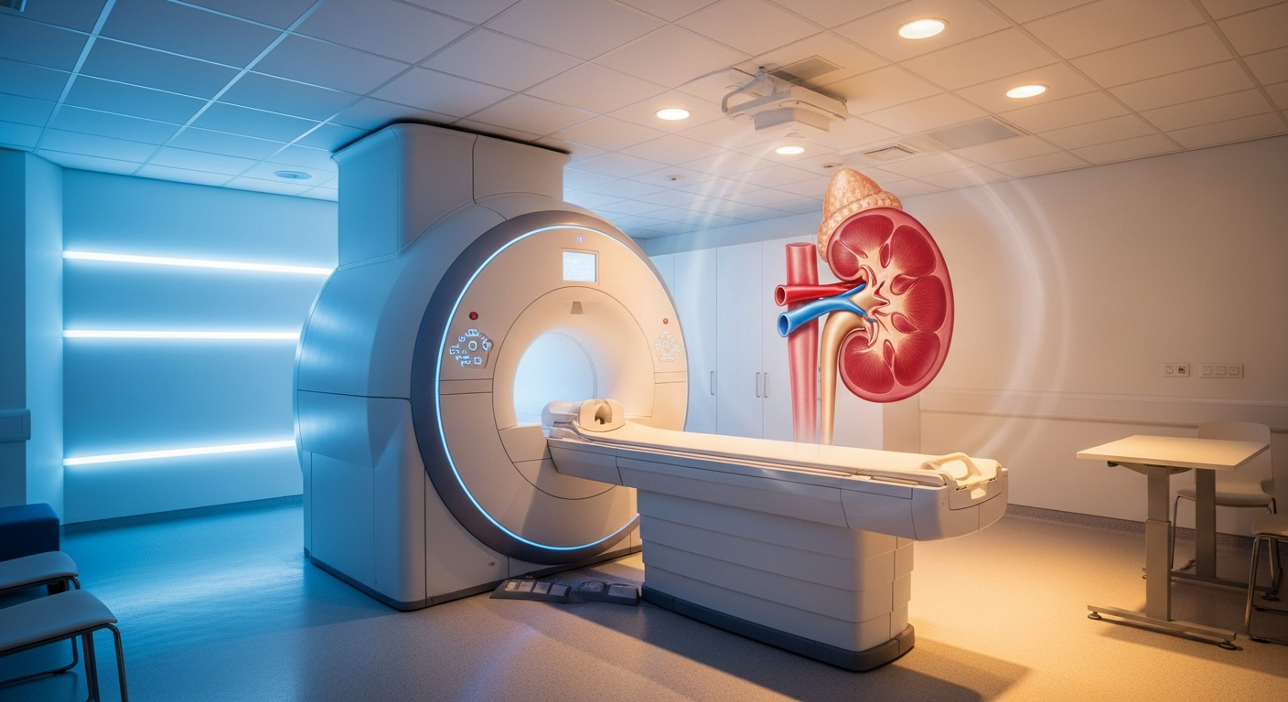 Kidney transplant MRI scanning concept showing a modern MRI scanner in a clinical setting