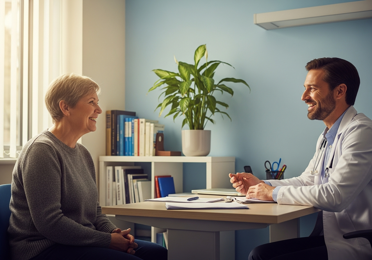 Doctor and patient discussing new kidney treatments in a hospital consultation room
