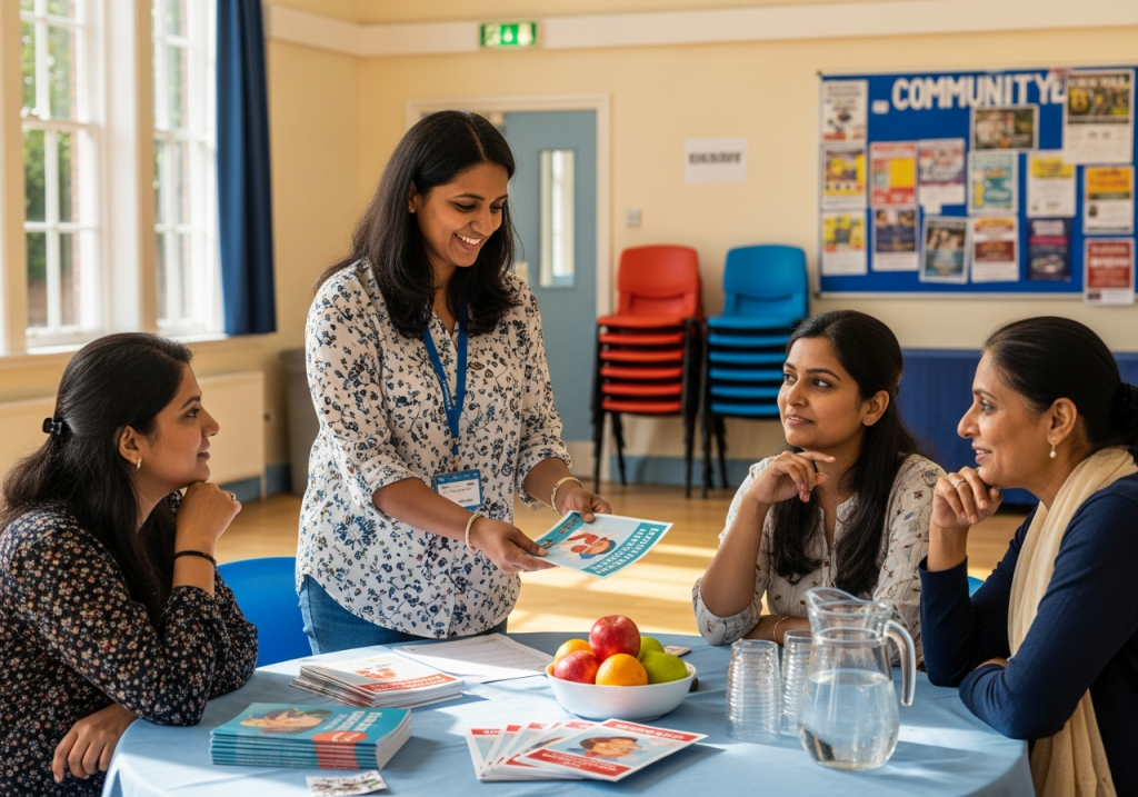 Kidney peer educator volunteer sharing kidney health information with community members in UK community centre