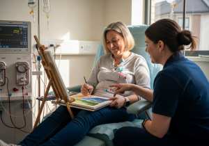 Kidney dialysis patient engaging in art on dialysis creative activity in NHS renal unit
