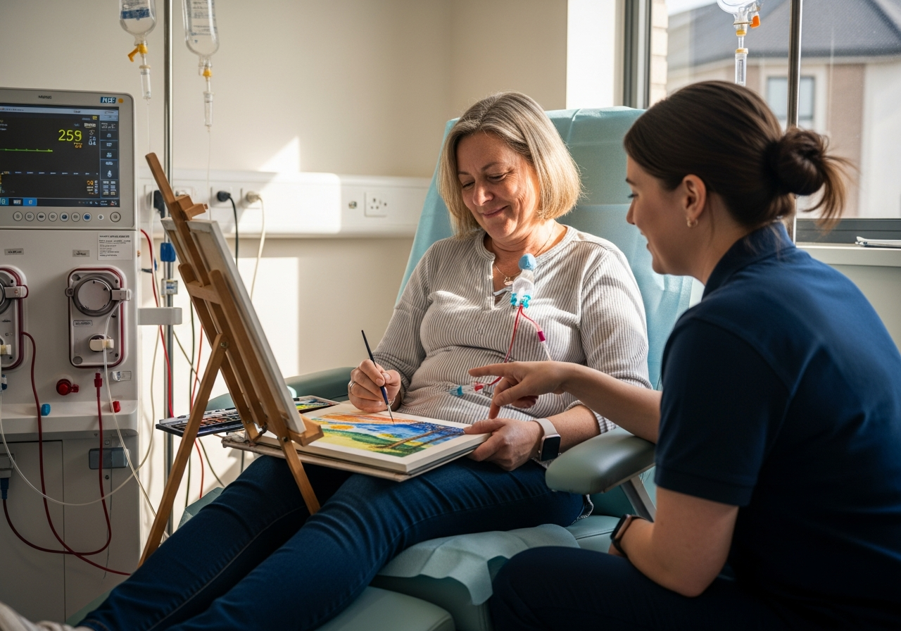 Kidney dialysis patient engaging in art on dialysis creative activity in NHS renal unit