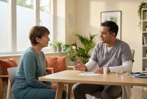 Kidney clinician explaining high potassium treatment to a patient during a calm UK NHS renal clinic consultation