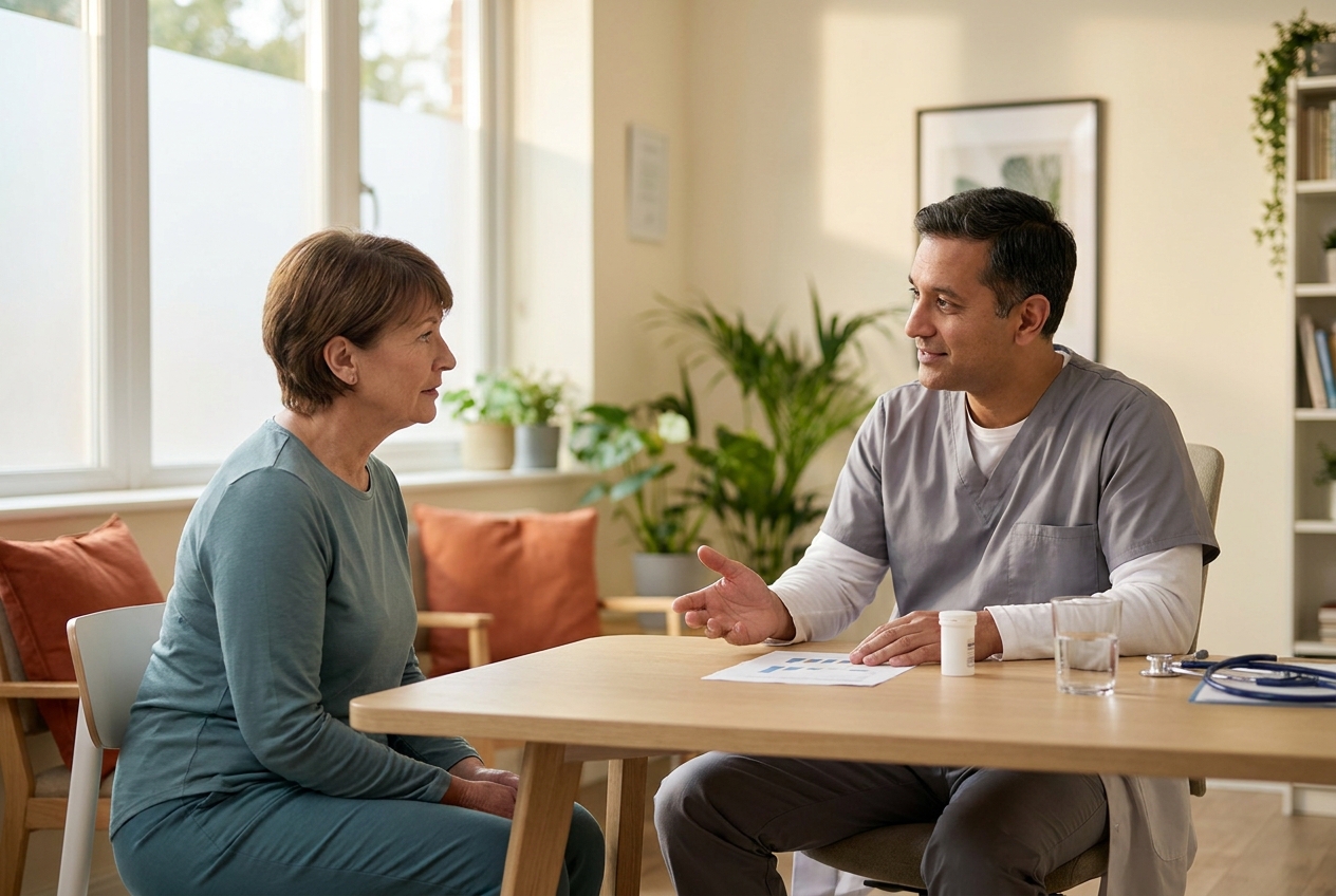 Kidney clinician explaining high potassium treatment to a patient during a calm UK NHS renal clinic consultation