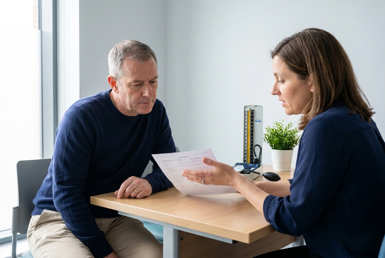 Patient and nephrologist reviewing test results in a UK clinic, a scene illustrating gout and CKD specialist care.