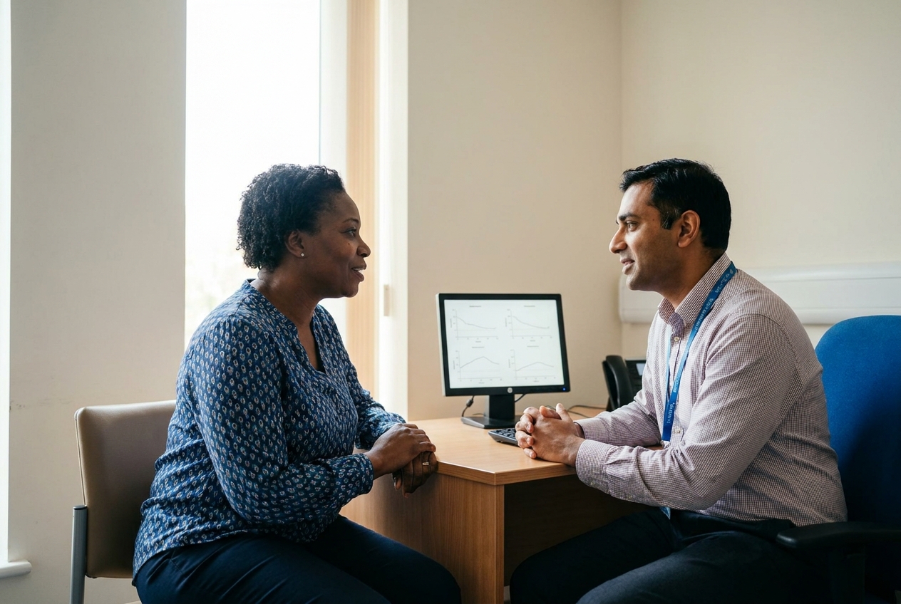 Black British patient and nephrologist reviewing kidney test results, APOL1 kidney disease