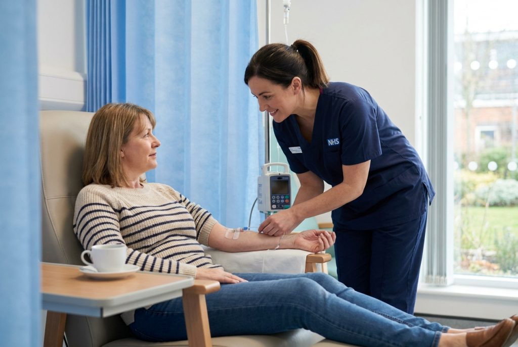 Kidney transplant patient receiving a monthly infusion in NHS hospital, kidney transplant medication