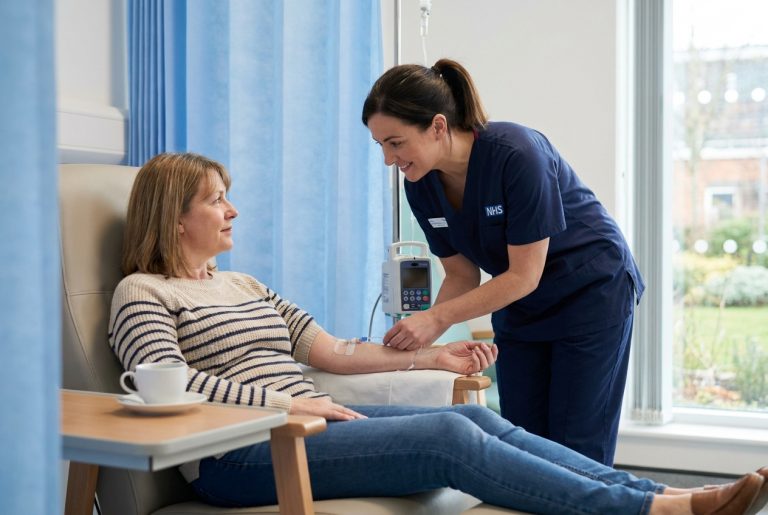 Kidney transplant patient receiving a monthly infusion in NHS hospital, kidney transplant medication