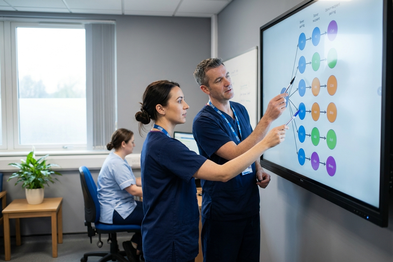 Two NHS transplant coordinators in scrubs reviewing kidney swap transplant pairings on a screen in a modern hospital.