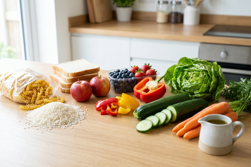 Low-protein diet ingredients for CKD: white rice, pasta, bread, fruit and fresh vegetables on a kitchen worktop