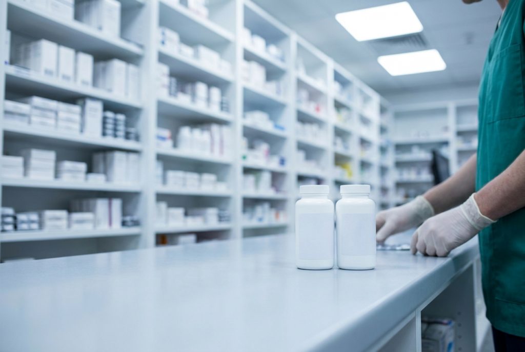 Unbranded tablet bottles of a new blood pressure drug in a UK NHS hospital pharmacy dispensary