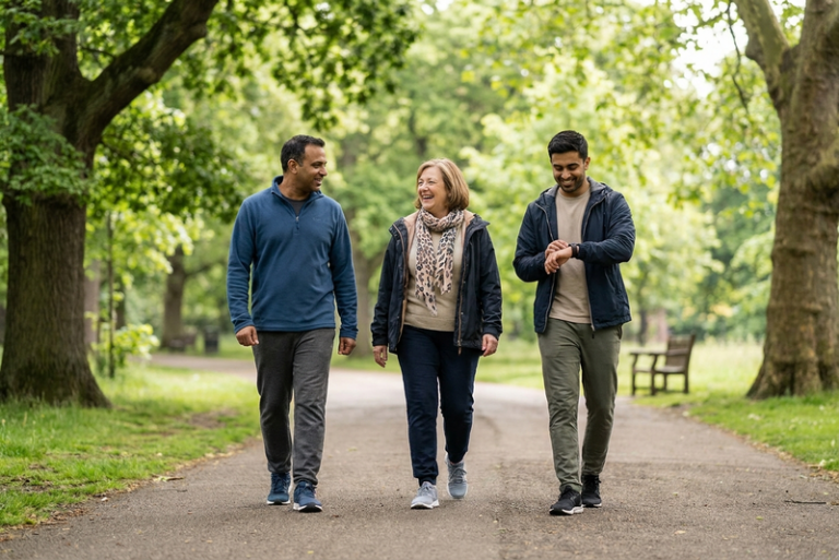 Kidney patients enjoying a gentle walk together in a Manchester park for their kidney health