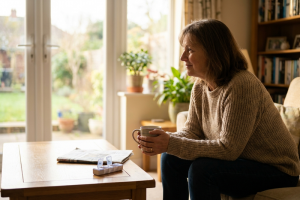 Kidney transplant patient at home, calm and well, reflecting hope from a new kidney transplant drug