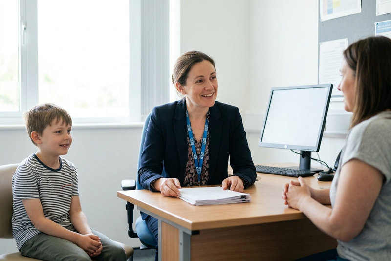 A paediatric kidney doctor discussing childhood kidney disease with a parent and young child in a bright UK clinic