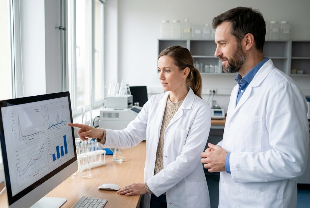 Two researchers review data in a lab studying a new polycystic kidney disease treatment