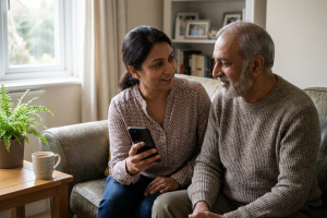 South Asian organ donation: a woman and an older relative checking the NHS Organ Donor Register on a phone at home
