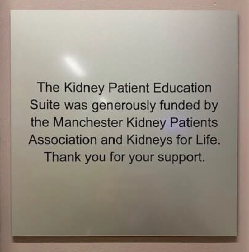 Plaque crediting MRIKPA and Kidneys for Life for funding the patient education suite