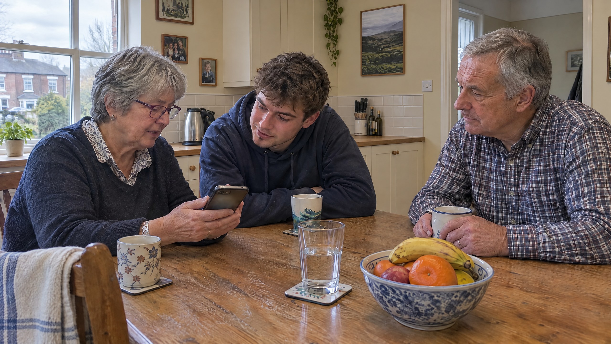 Urgent response to the organ donation decline: a family talking at the kitchen table as a mother shows her son her organ donation decision on her phone